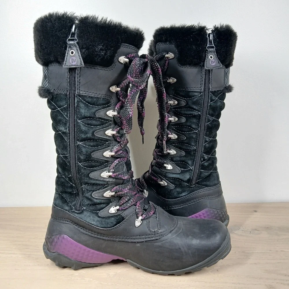 Merrell Winterbelle Peak Boots Women 9 Black Waterproof Fur Lace Up Hiking